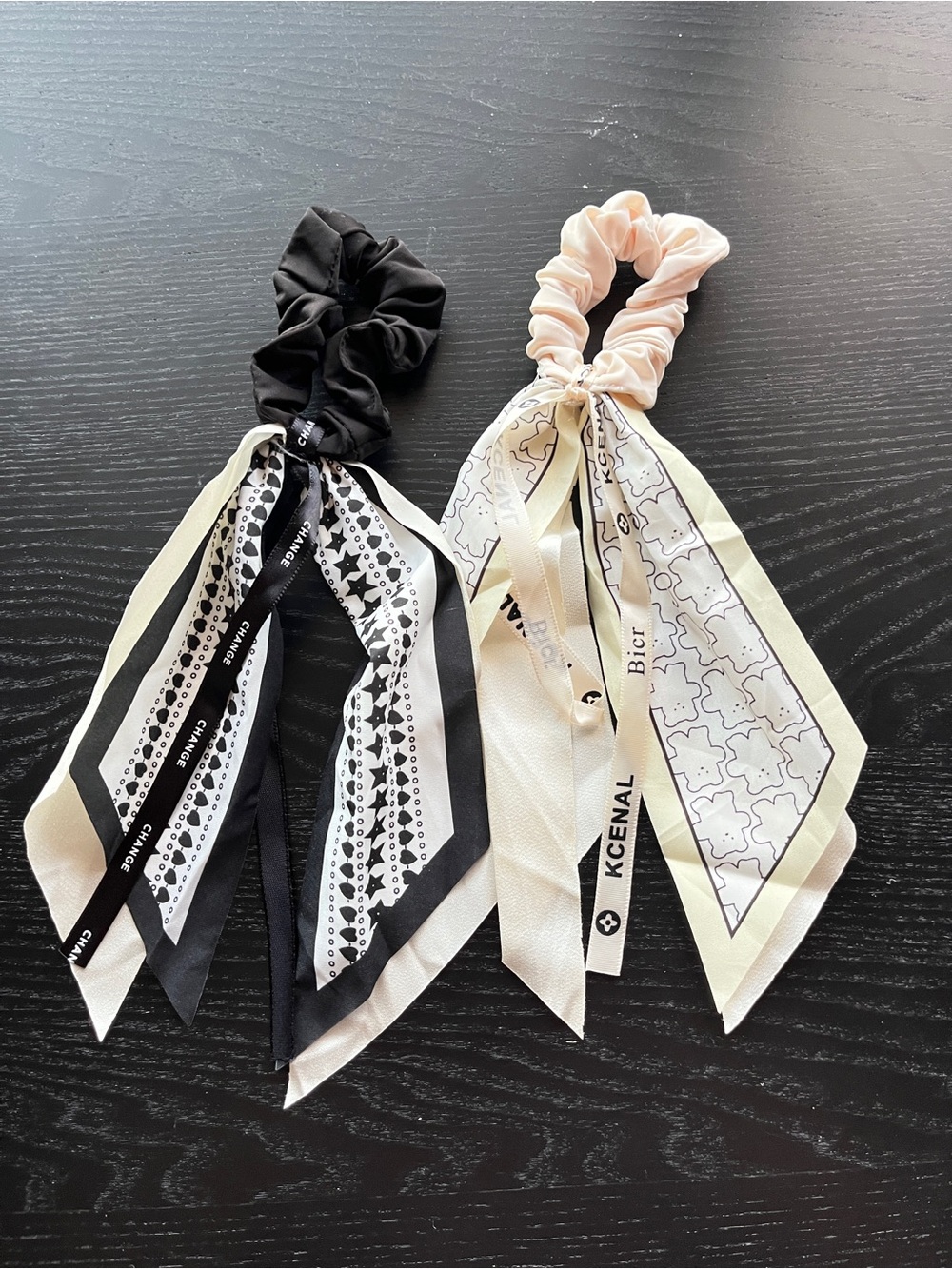 Black and Blush Scarf Scrunchie Hair Ties Set Bow Ribbon Black White Cream Lot